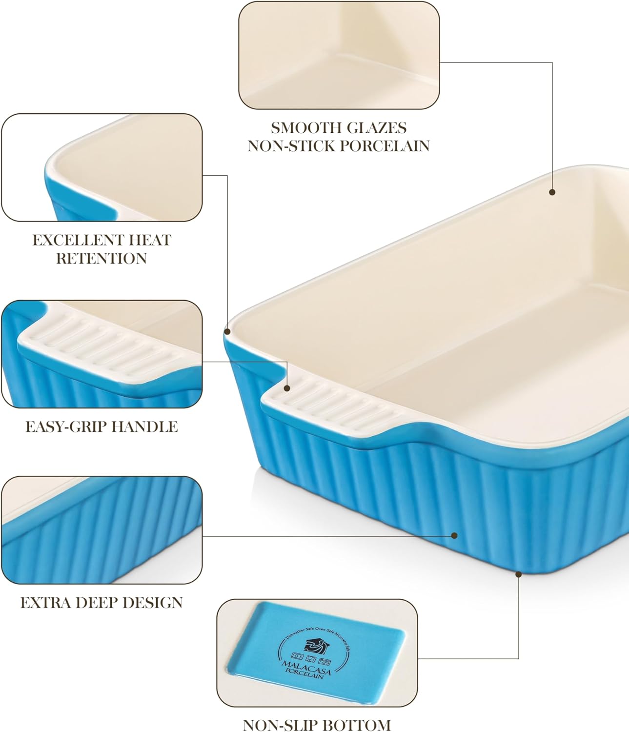 MALACASA 4.4 QT Baking Dish, 9x13 Large Casserole Dish for Oven, Ceramic Baking Pan, Rectangular Lasagna Pan Deep with Handles for Baking, Durable Microwave Oven Safe, Blue, Series BAKE-BAKE