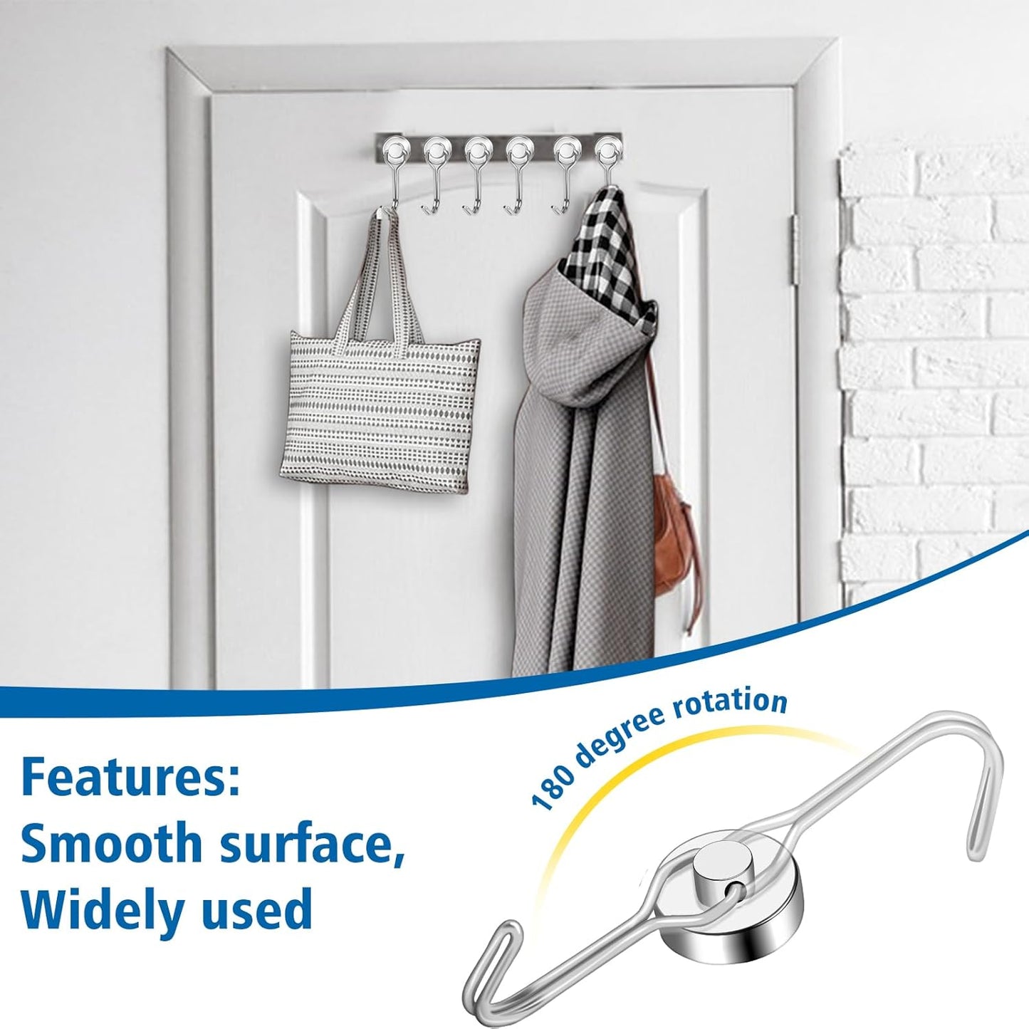 BAVITE Swivel Swing Magnetic Hooks New Upgraded, Refrigerator Magnet Hook,Strong Neodymium Magnets, Perfect for Refrigerator and Other Surfaces, Silver 30lb 12pack