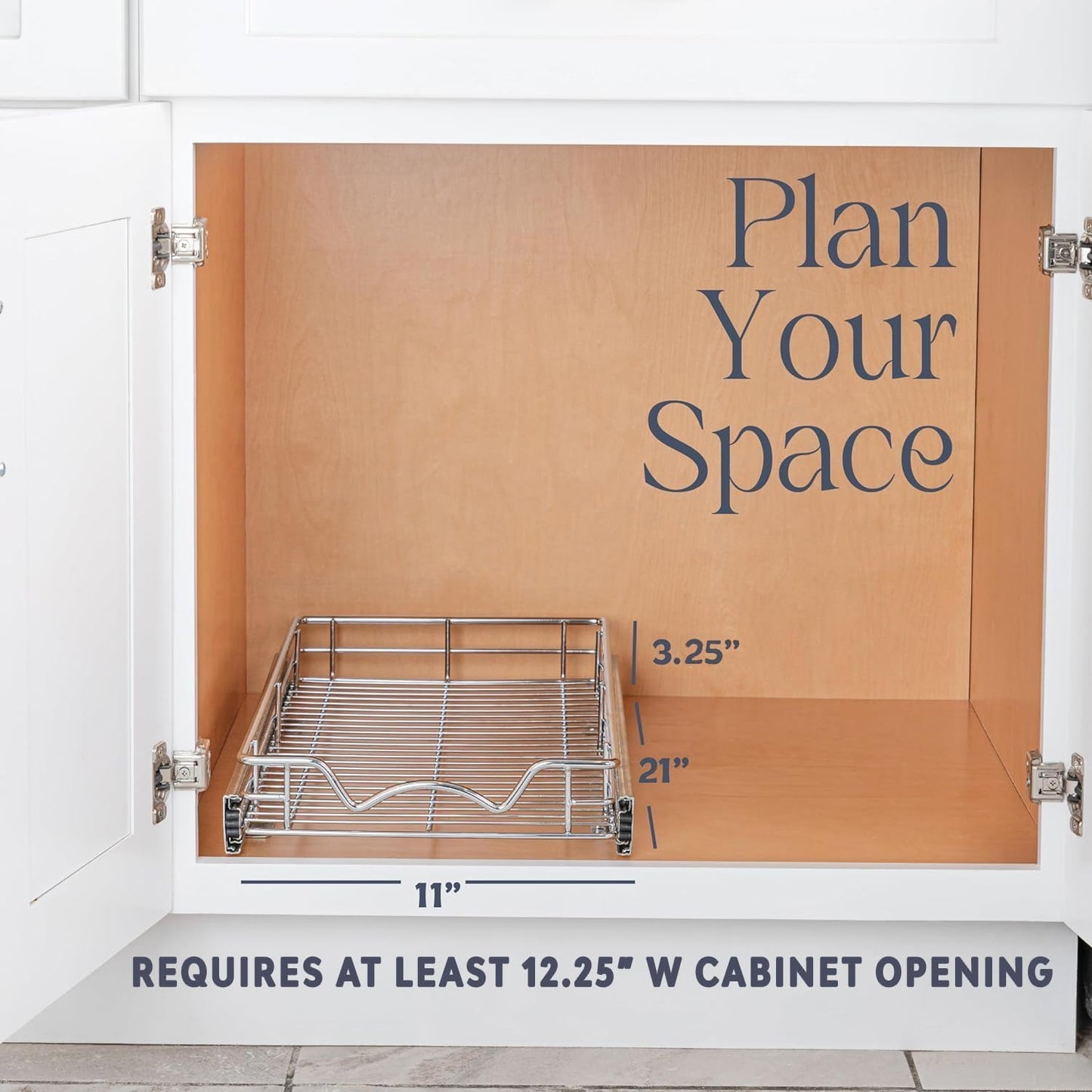 HOLDN’ STORAGE Pull Out Cabinet Organizer, Heavy Duty Caddy w/Lifetime Limited Warranty -11”W x 21”D - Requires At Least 12-1/4” Cabinet Opening, Steel Metal Cabinet Drawers Slide Out, Chrome