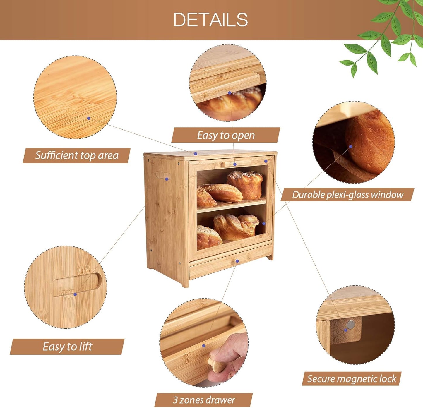 Large Bamboo Bread Box for Kitchen Countertop, Double Layer Bread Boxes for Kitchen Counter with Utensil Tray Drawer Organizer, Large Capacity Bread Storage Container