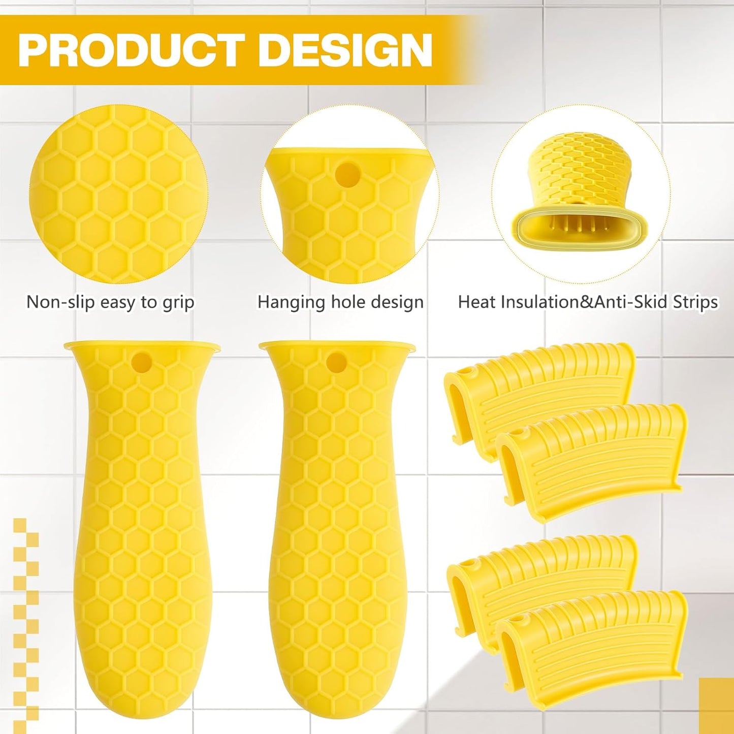 Patelai 8 Pcs Silicone Pot Holders Cast Iron Handle Cover Heat Resistant Pot Handle Covers Potholder Non Slip Reusable Pan Sleeve for Frying Pan Kitchen Supplies(Yellow)