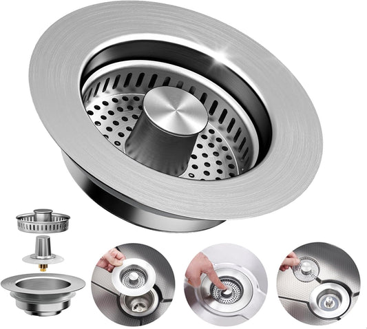 3-in-1 Kitchen Sink Drain Strainer - Pop Up Sink Stopper, Stainless Steel Sink Drain Strainer, Kitchen Sink Stopper & Drain Plug with Anti-Clogging Basket,Sink Strainer Fits US Standard 3-1/2'' Drains