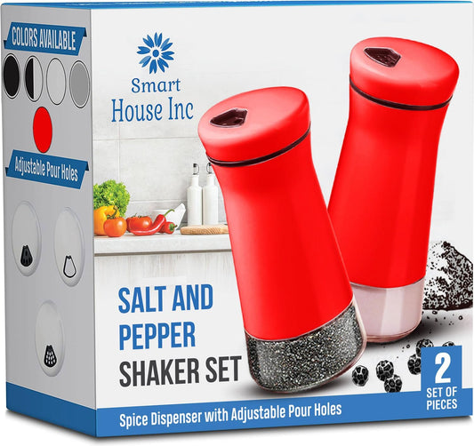 The Original Salt and Pepper Shakers set -Red- Spice Dispenser with Adjustable Pour Holes - Stainless Steel & Glass Set of 2 Bottles