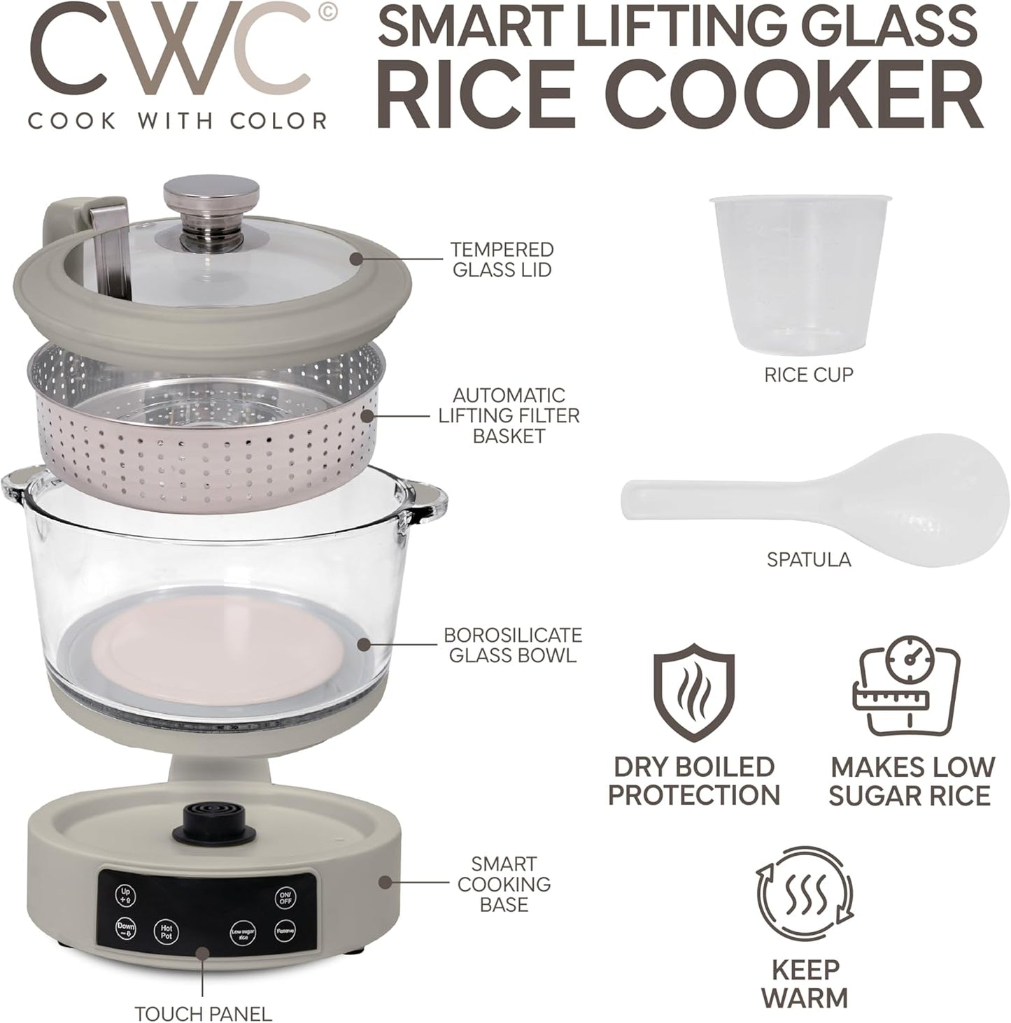 COOK WITH COLOR 3L Glass Low Carb Rice Cooker - Makes 6 Cups Low Sugar Rice with Auto Lift Filter Basket, Hotpot & Steamer for Rice, Grains and Oats, Digital Panel with Keep Warm Function, Sand