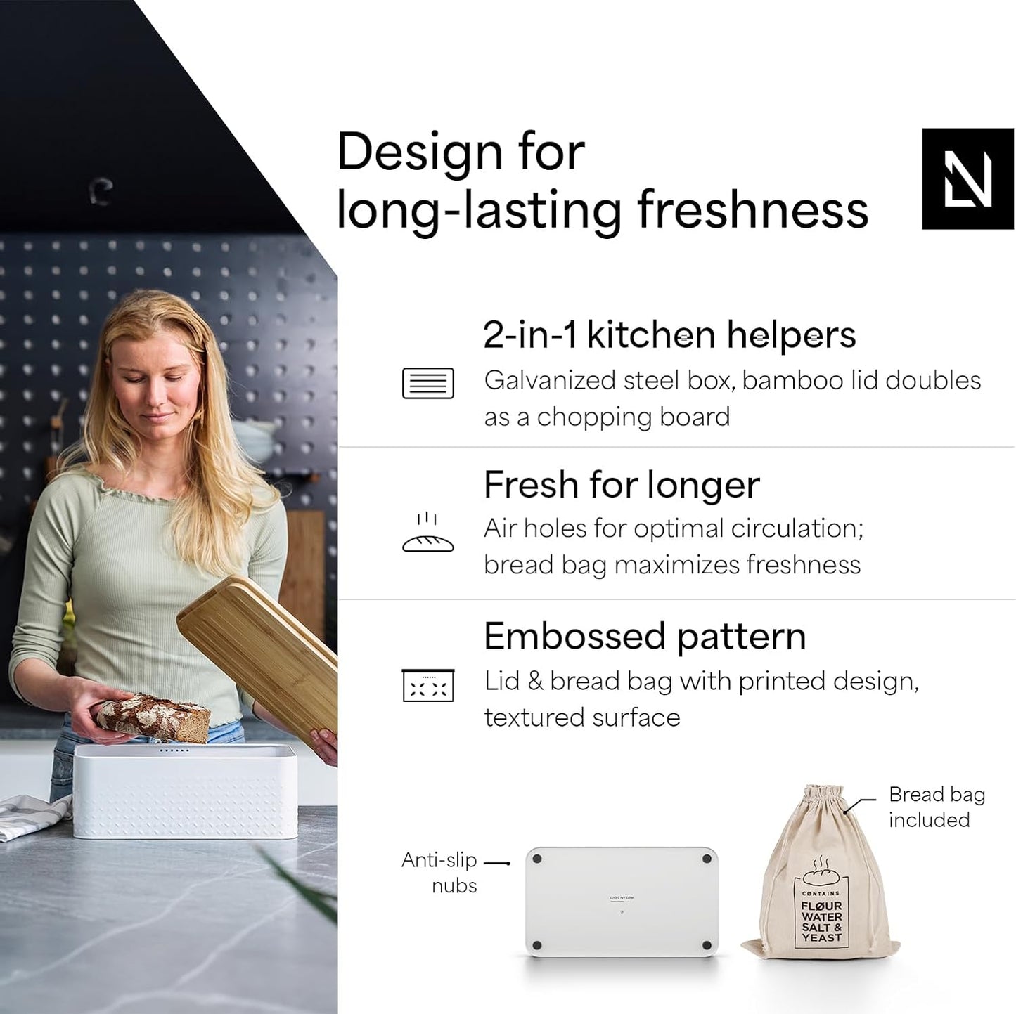 LARS NYSØM Bread Box I Metal Box with linen bag for long lasting freshness I Bread Bin with bamboo lid usable as cutting board I 13.4x7.3x5.3In (Pure White)