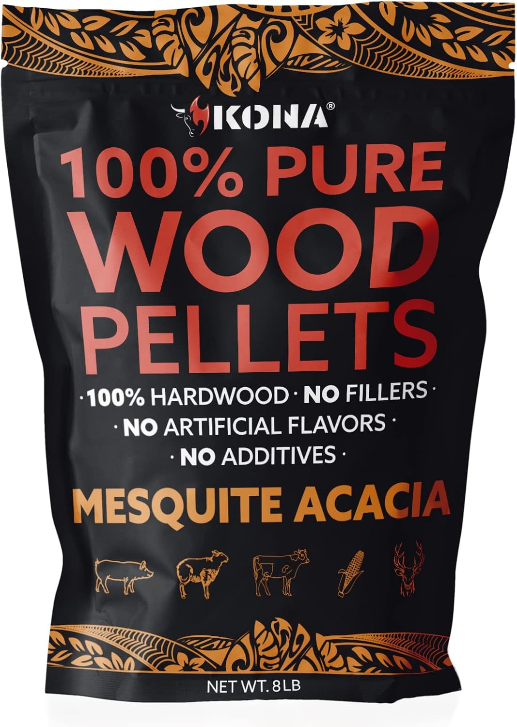 Kona 100% Mesquite Acacia Wood Pellets - Concentrated, Pure, Old Growth Hardwood Grilling Pellets - for BBQ, Smoker Tubes, Grills - 8 lbs 100% Mesquite Acacia Bold Red Meat Smoke