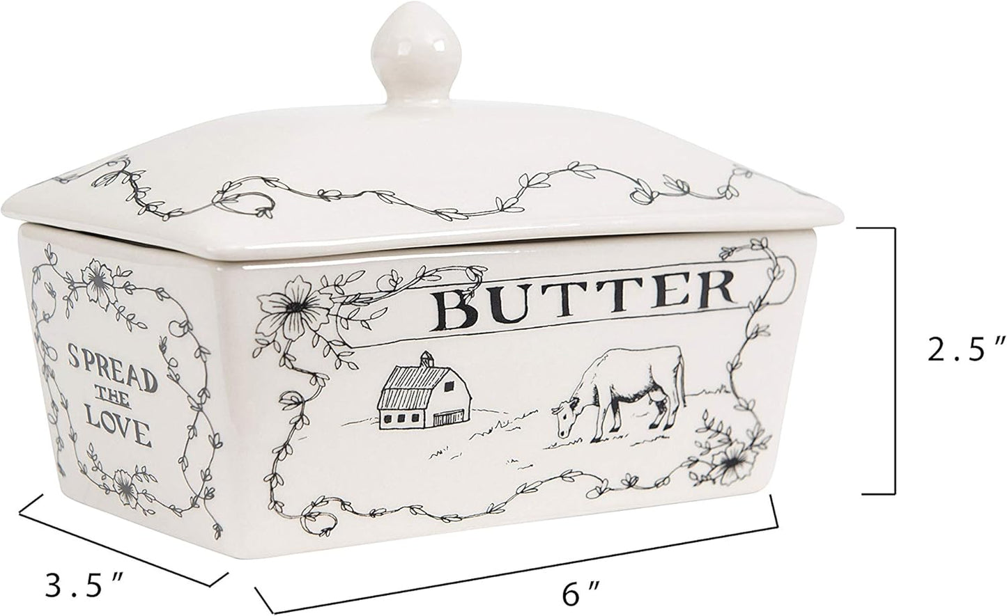 Creative Co-Op Country Stoneware Butter Dish with Lid, "Spread the Love" Message, and Farm Line Drawing, White and Black, Food, Microwave, and Dishwasher Safe