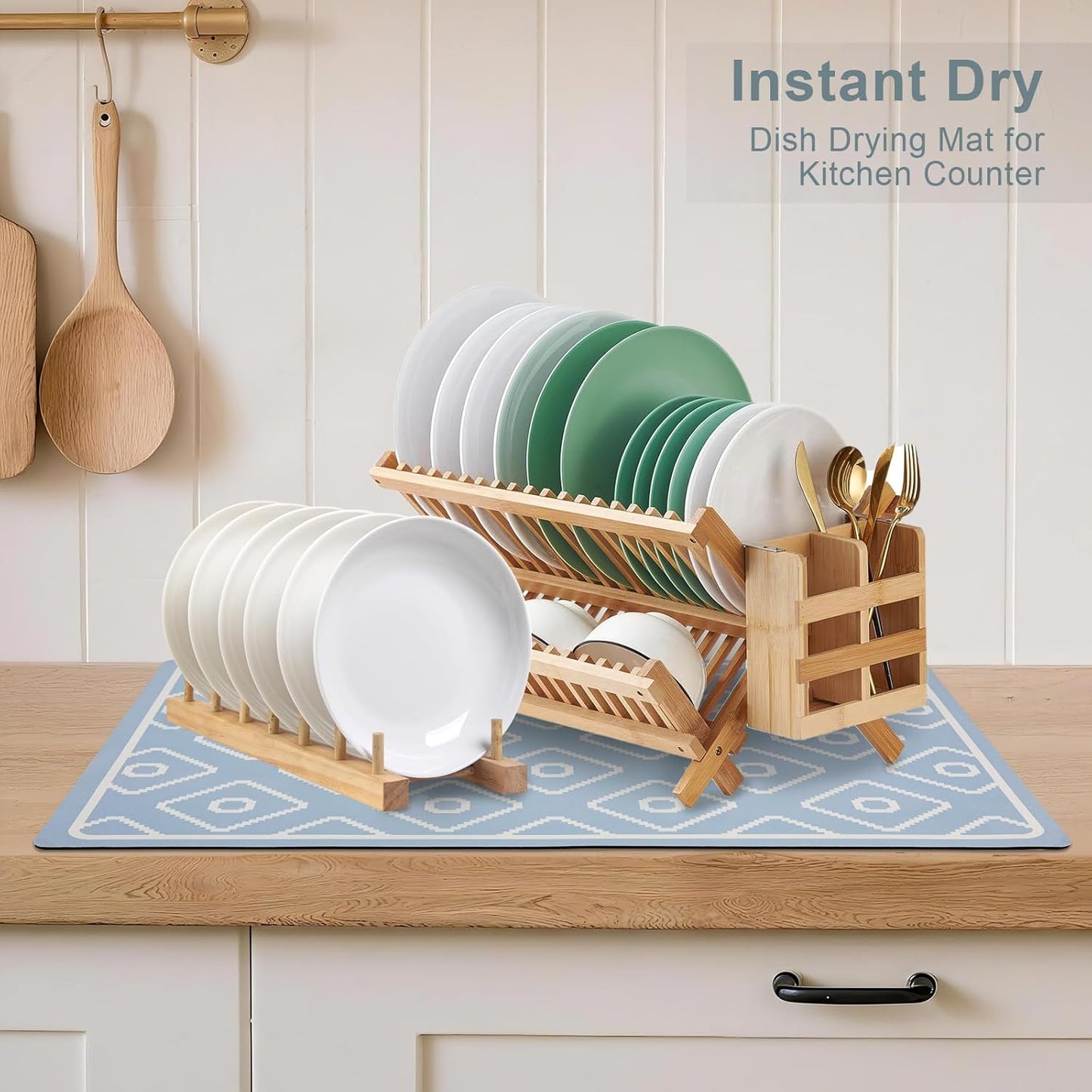 SUEH DESIGN Dish Drying Mat, Absorbent Coffee Mat 19.6 x 11.8 in Quick Dry Kitchen Drying Dish Drain Mat for Kitchen Counter Coffee Bar, Blue