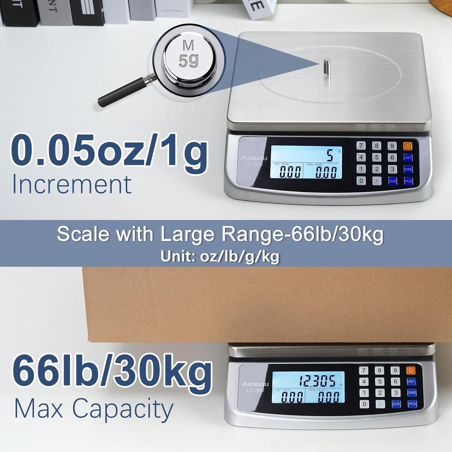 66lb Food Scale, Commercial Kitchen Scale with Price Computing, Plug-in Usable, 0.05oz/1g, 304 Stainless Steel, for Cooking, Vegetables, Farm, Industry, Counting. LC300