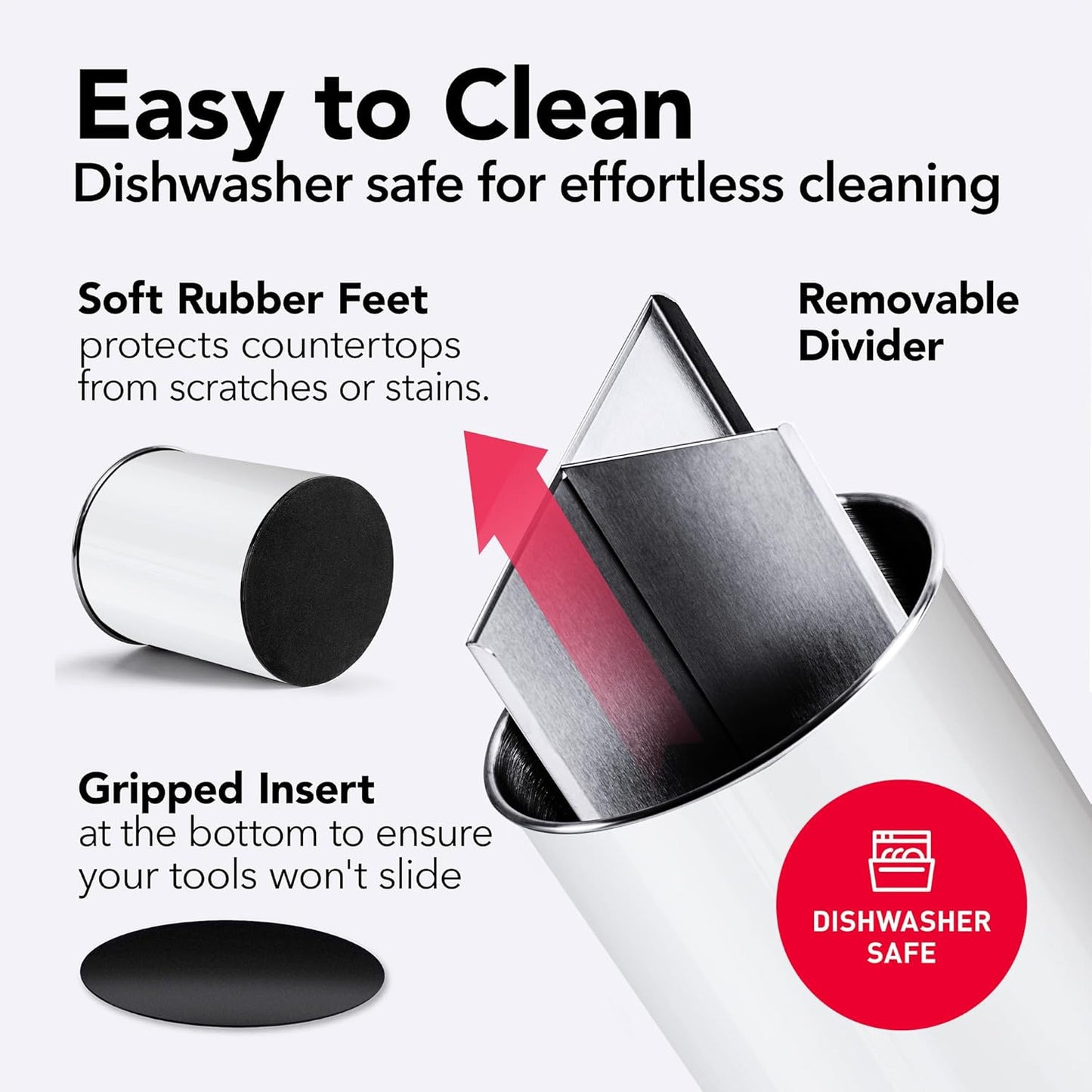 Rotating Extra Large Stainless Steel Utensil Holder Caddy with Sturdy No-Tip Weighted Base, Removable Divider, and Gripped Insert Bottom - Dishwasher Safe Metal Cooking Utensil Holder (White)