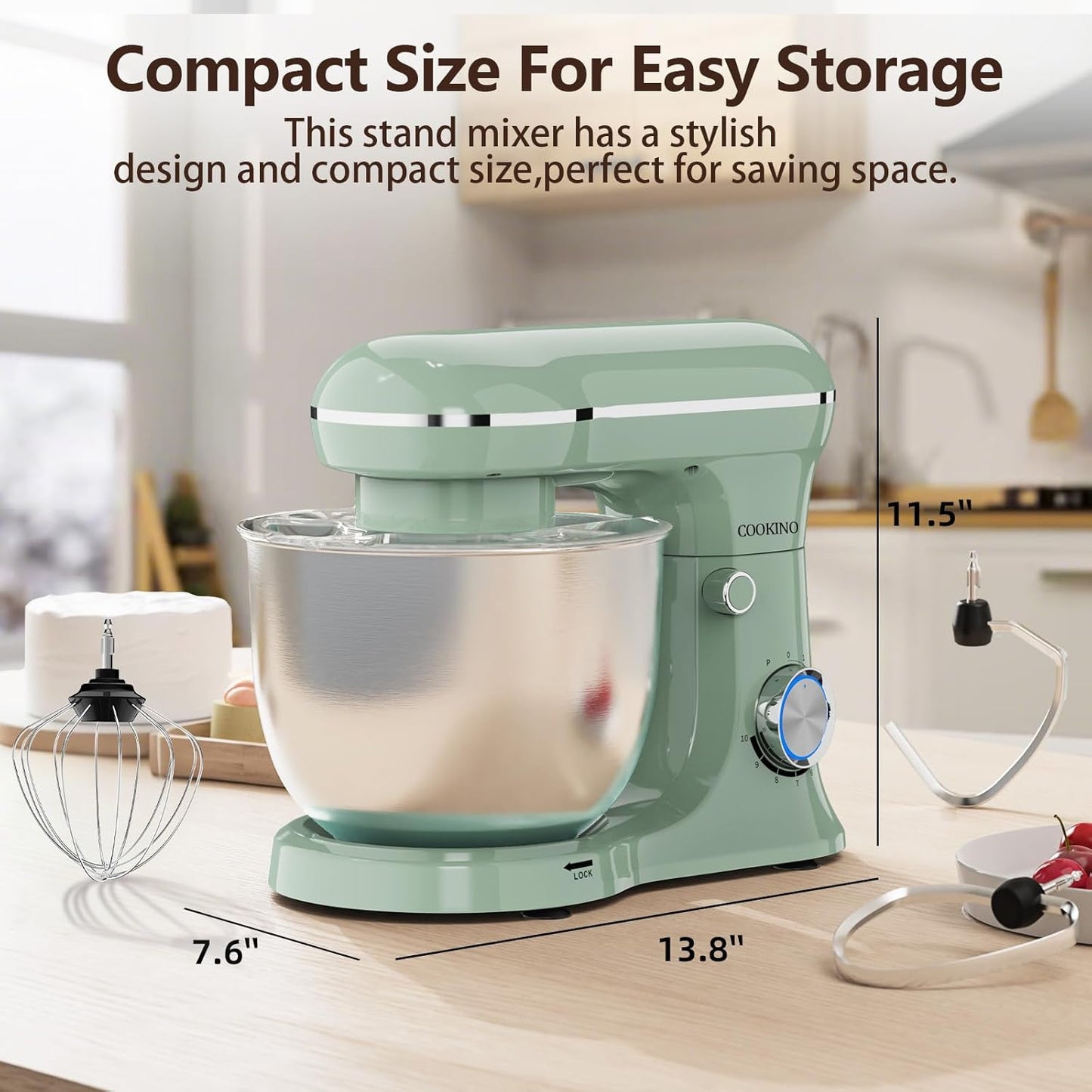 Electric Stand Mixer,10 Speeds Tilt-Head Food Mixer, 3-IN-1 Kitchen Mixer for Daily Cooks with Dishwasher-Safe 6QT Bowl,Dough Hook, Beater, Whisk (Agave Green)