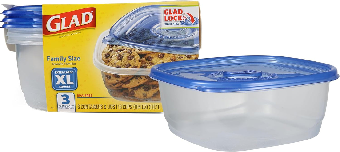 Glad GladWare Family Size Food Storage Containers, XL Square - Meal Container Holds up to 104 Ounces of Food - Lock Tight Seal, 3 Count