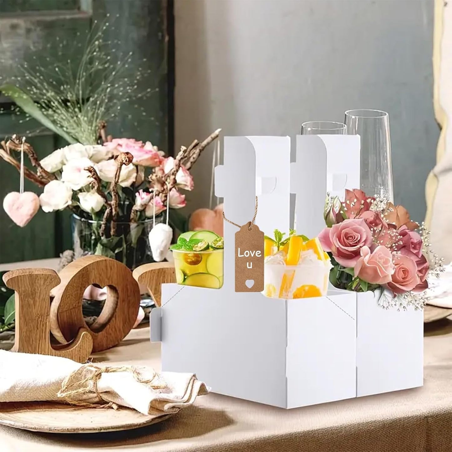 30 Pack 2 Cup Disposable Drink Carrier with Handle Paperboard Coffee Cup Holder Portable for Hot Cold Drinks Food Delivery Services with Heart Card for Teacher Appreciation Week Mother's Day