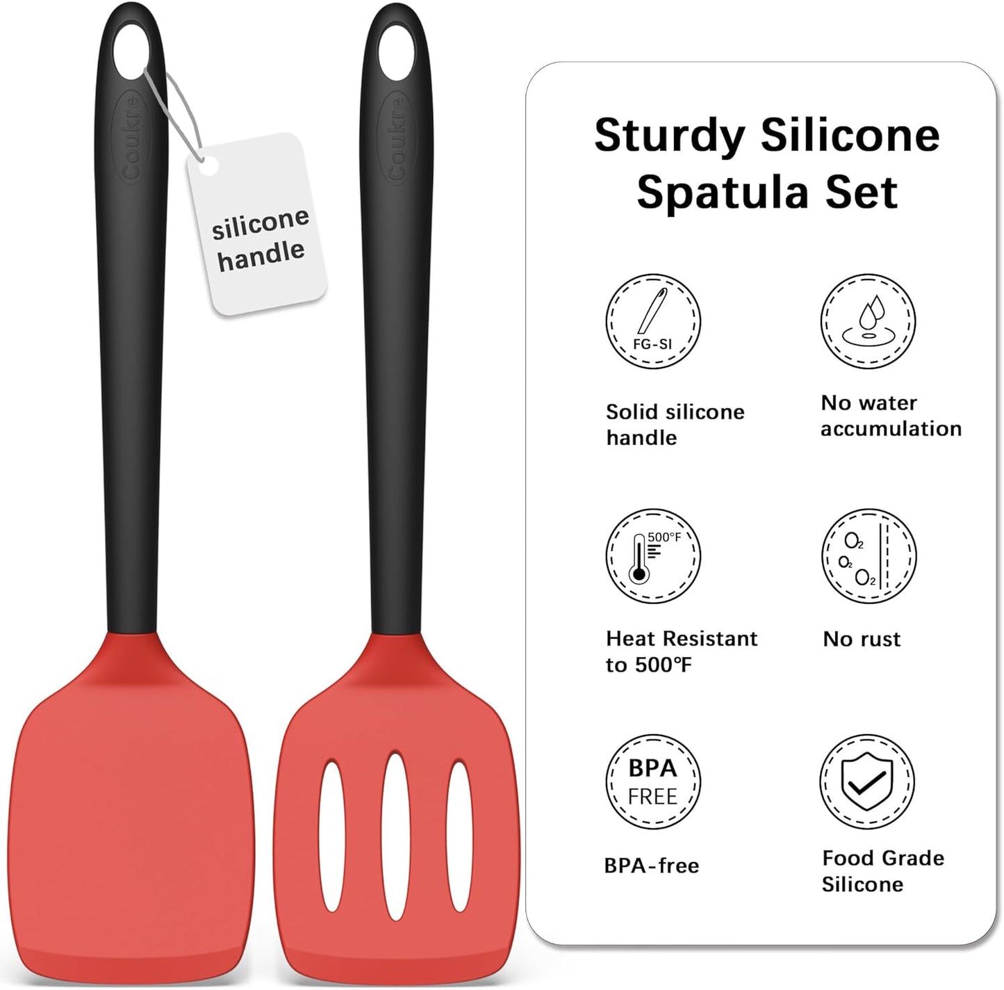 Coukre 2 Pack Silicone Spatula Set, High Heat Resistant, BPA Free Kitchen Spatula, Solid & Slotted Turner for Non-Stick Pans, Sautéing, and Flipping (2, Red)