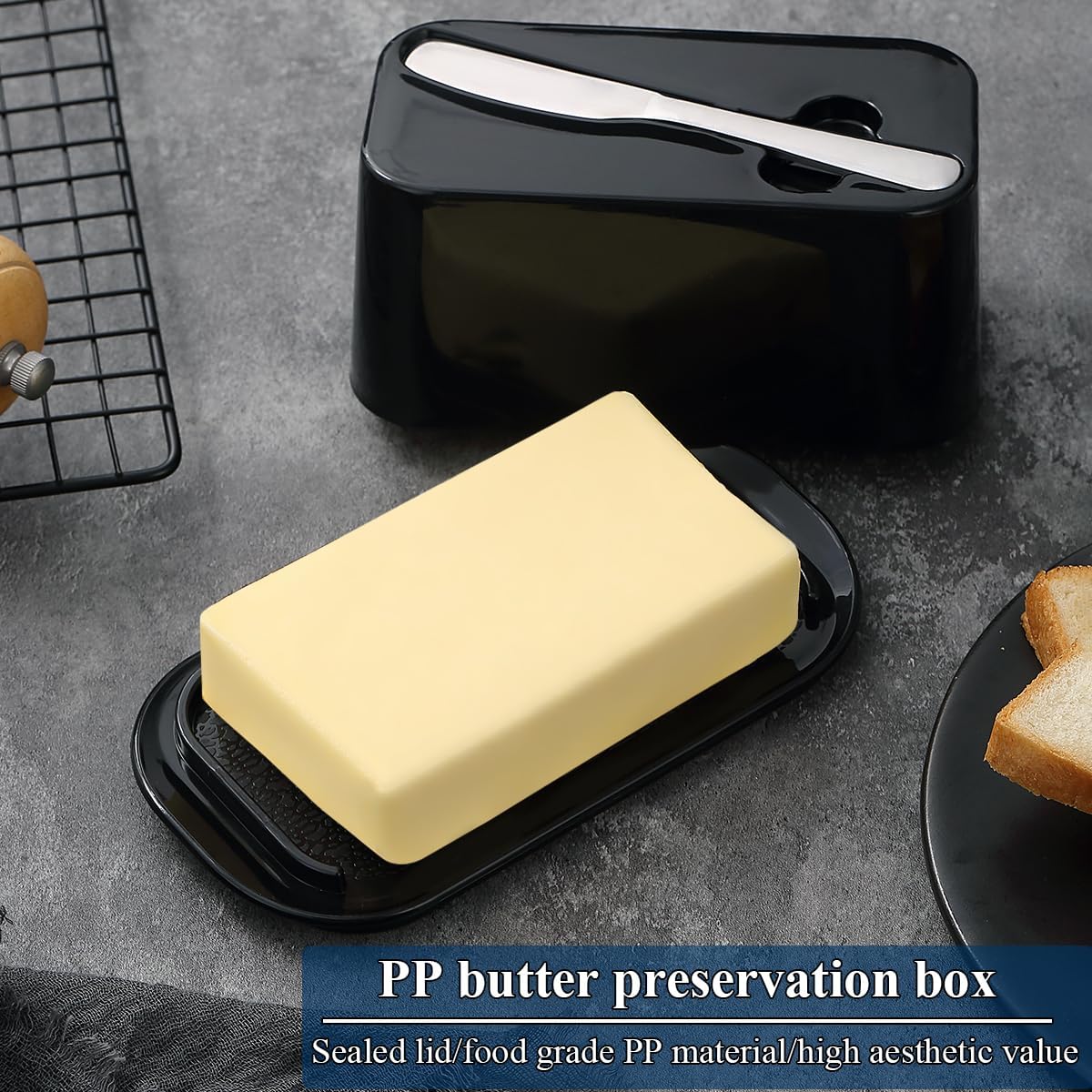 Evanda Butter Dish with Lid for Countertop and Refrigerator Door Shelf with Butter Spreader Knife, Butter Keeper, Plastic Butter Holder Tray Container for West/East Coast Butter