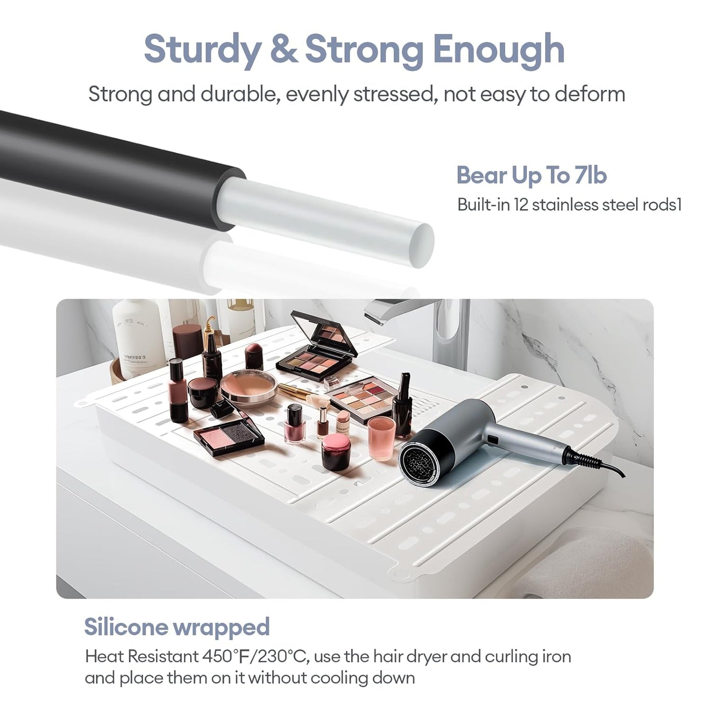 IeBilif Bathroom Sink Cover for Counter Space, Foldable Sink Covers, Makeup Organizer Mat Space Saver with Hanging Loop, Silicone Makeup Brush Cleaner Mat for Bathroom(White)