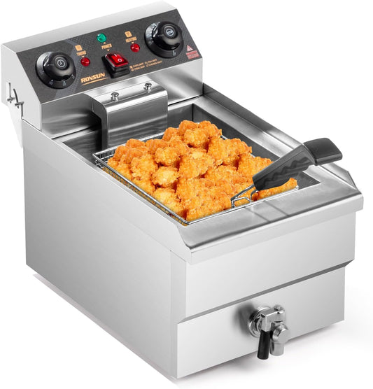 ROVSUN 12.5QT/11.8L Electric Deep Fryer w/Frying Basket, Timer, Drain, & Lid, Commercial Countertop Single Tank Frying Machine, Adjustable Temperature, for French Fries Donuts Onion Rings, 1700W 110V