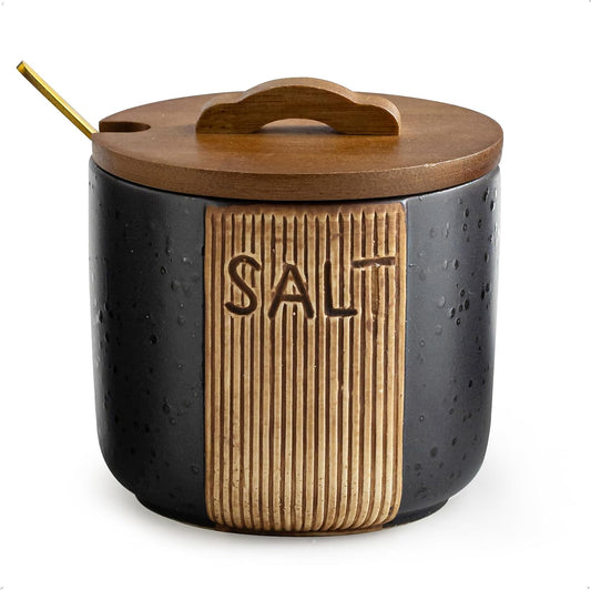 Salt Container for Countertop, Ceramic Salt Cellar with Lid & Spoon, Farmhouse Salt Bowl, 10 OZ, Black