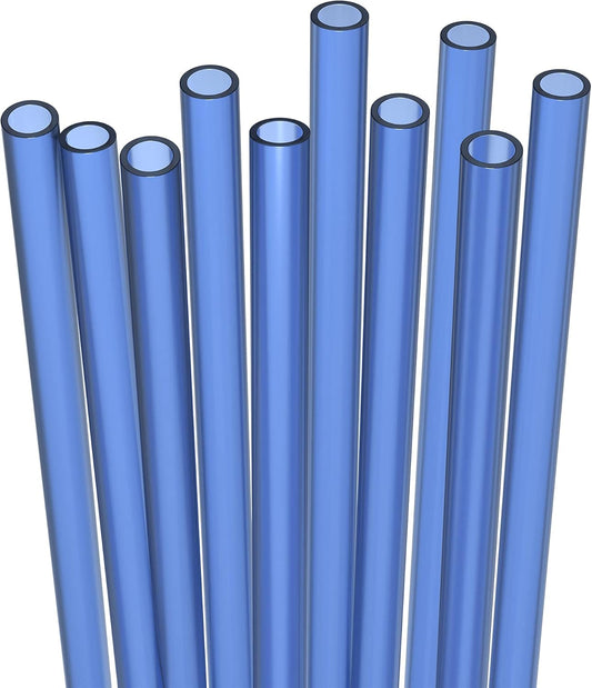 10 Long Reusable Hard Blue Plastic Drinking Straws, Medium Width + Sturdy Cleaning Brush - for Tumblers, Mason Jars, Smoothies and Milkshakes - Dishwasher Safe BPA Free