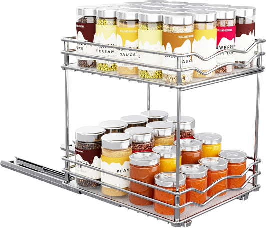 BBV Spice Rack Organizer, Double layer Seasoning Organizer for Cabinet Countertop, Kitchen, Pantry, Sliding Metal Chrome Spice Organization (9 inch)