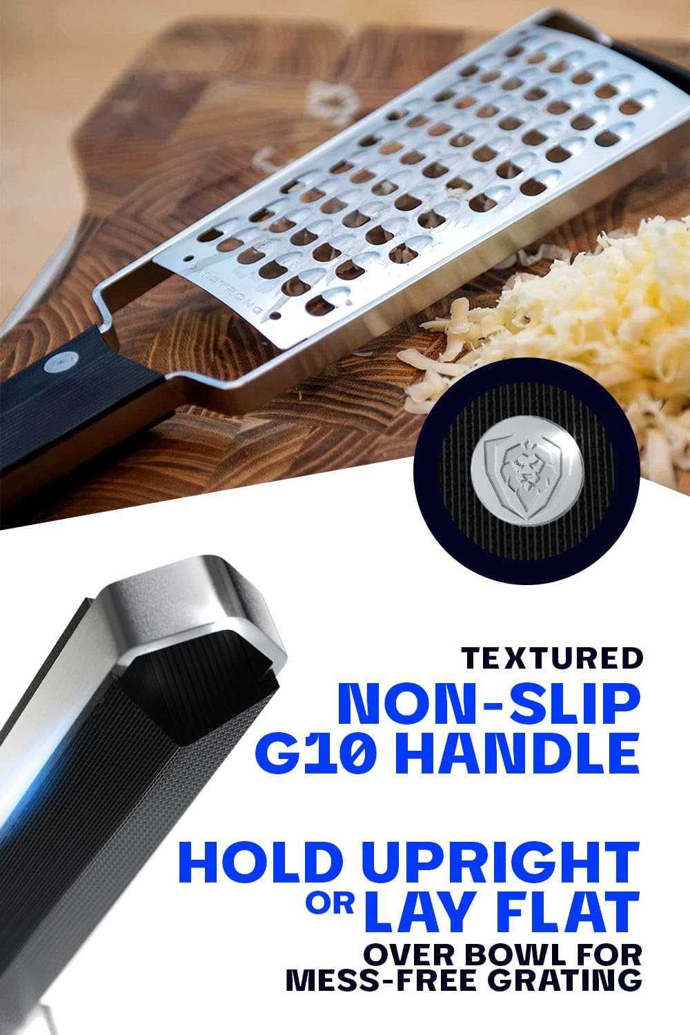 Dalstrong Professional Wide Cheese Grater - Extra Coarse - #304 Stainless Steel Blade - G10 Handle Kitchen Shredder - w/Blade Guard - Fruits & Vegetables, Hard Cheese, Chocolate - NSF Certified
