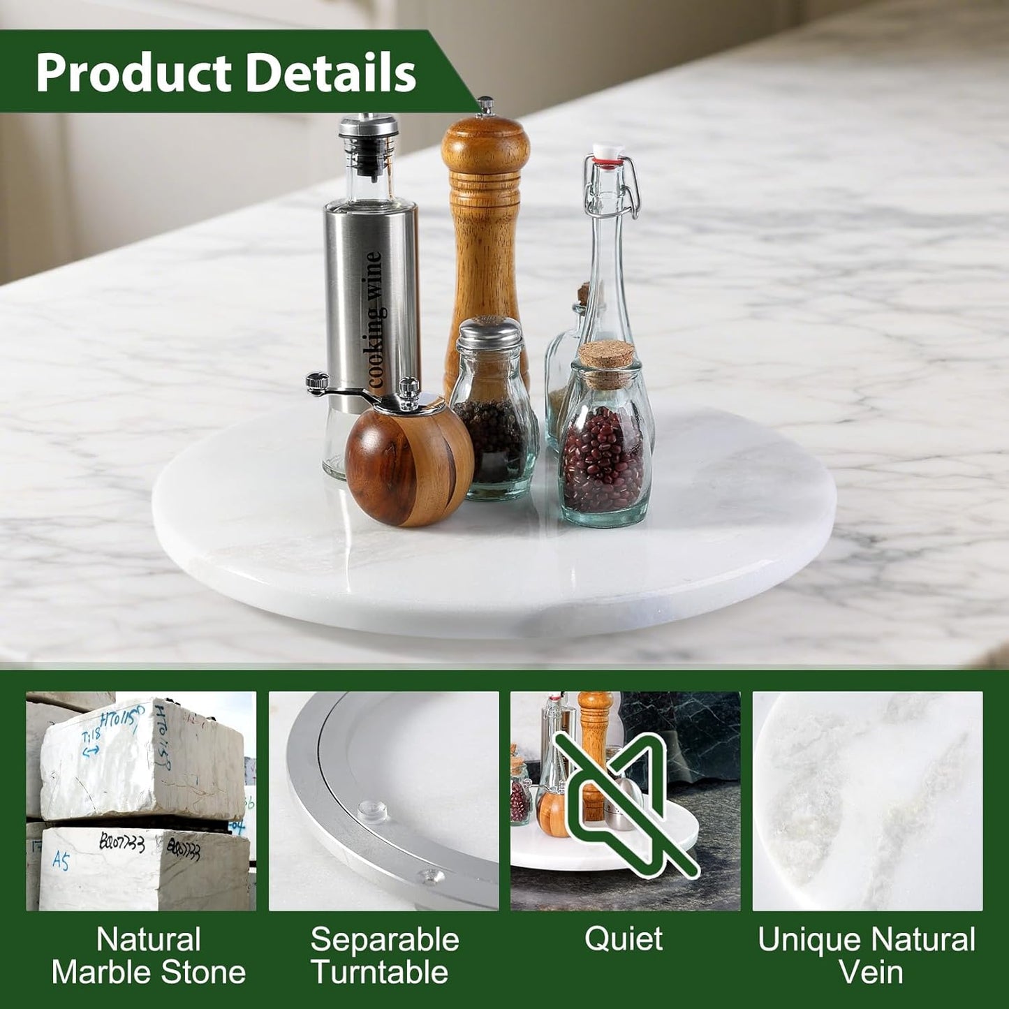 Marble Lazy Susan, 16 in Lazy Susan Turntable Organizer for Cabinet Pantry Kitchen Countertop Fridge Bathroom Makeup Vanity Countertop - White