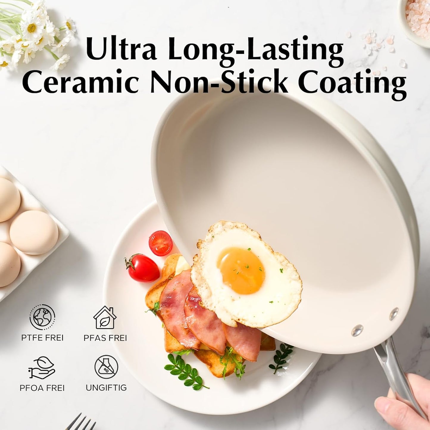 Redchef Ceramic Non Stick Egg Pans, Nonstick Frying Pan Skillet, 8 inch Cooking Pan Non Toxic with Stay Cool Handle for Induction, PTFE & PFAS & PFOA Free, Dishwasher/Oven Safe (Beige White)