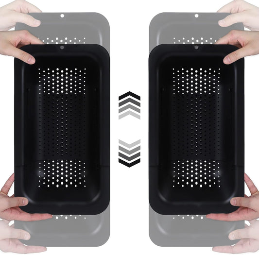 BLUE GINKGO Sink Colander Baskets - (Pack of 2) Wash Vegetables and Fruits, Drain Cooked Pasta and Dry Dishes - Extendable - New Home Kitchen Essentials (2 Black)