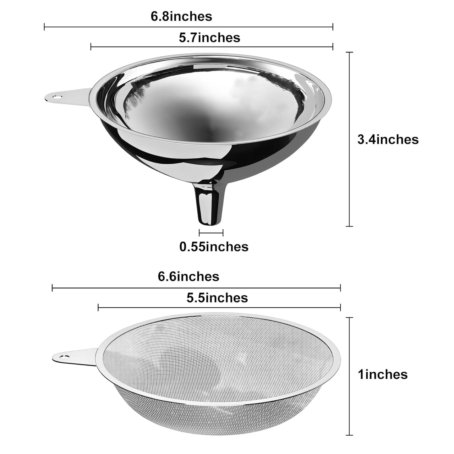 Stainless Steel Large Funnel with Filter (5.7 in. X 0.55 in. Mouth) and 50 Mesh Stainless Steel Food Filter for Bottle, Oil, Juice, Coffee, Honey, Milk