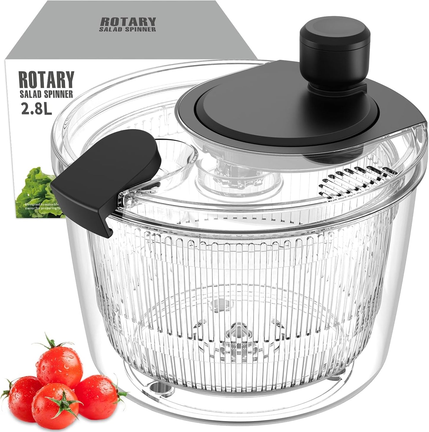 Ourokhome Salad Spinner Lettuce Dryer, Hand-crank Rotary Vegetable Dryer Veggie Washer with Transparent Bowl and Colander for Greens, Herb, Berry, Fruits, Macaroni, 2.8 QT, Black