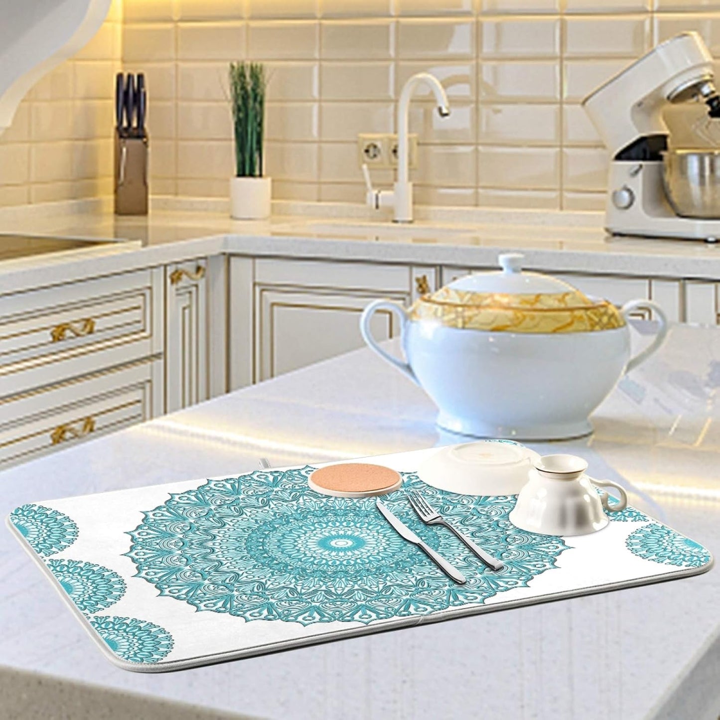 Super Absorbent Dish Drying Mat, Microfiber Fast-Drying Dish Mat, 16" x 18", Kitchen Dish Drying Pad, Boho Ethnic Turquoise Mandala