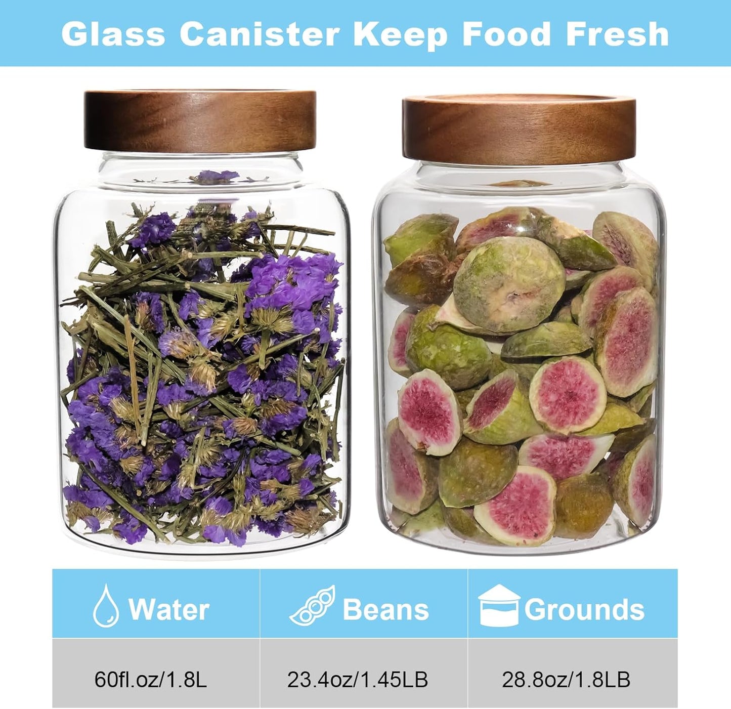 Glass Spice Jar Coffee Sugar Container Airtight Glass Jar Food Storage Canisters Bottle for Kitchen Seasoning Tea Herb Overnight Oats Bar Parfait Snacks (1800(60oz)-2 pack-no spoon)