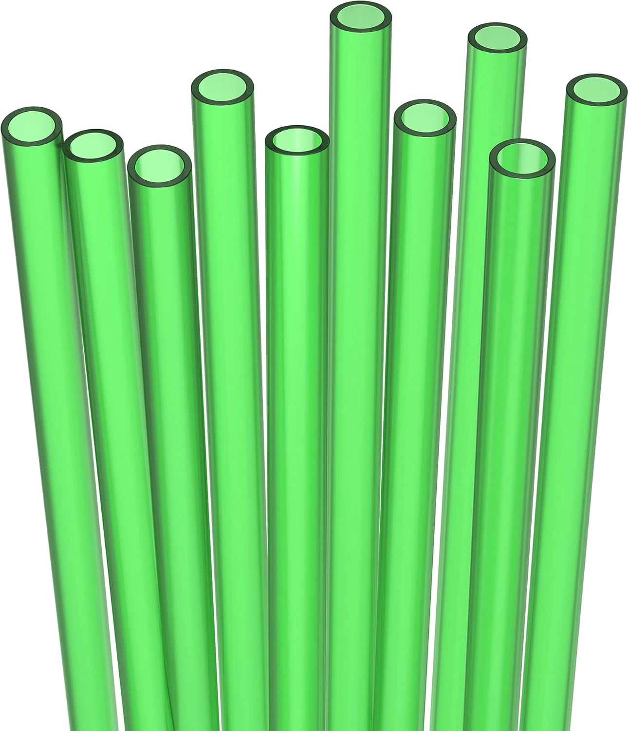 10 Long Reusable Hard Green Plastic Drinking Straws, Medium Width + Sturdy Cleaning Brush - for Tumblers, Mason Jars, Smoothies and Milkshakes - Dishwasher Safe BPA Free
