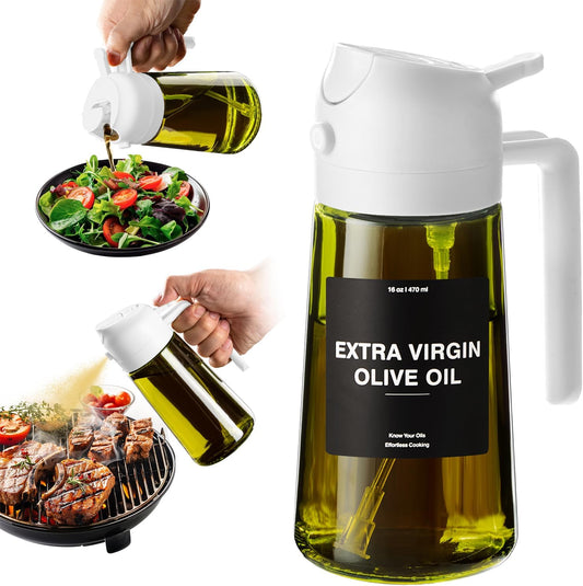 CXINYI - 16oz/470ml Olive Oil Dispenser for Kitchen with Stickers - 2 in 1 Olive Oil Sprayer for Cooking, Air Fryer, and Salad, White (Light-Proof Kitchen Gadget)