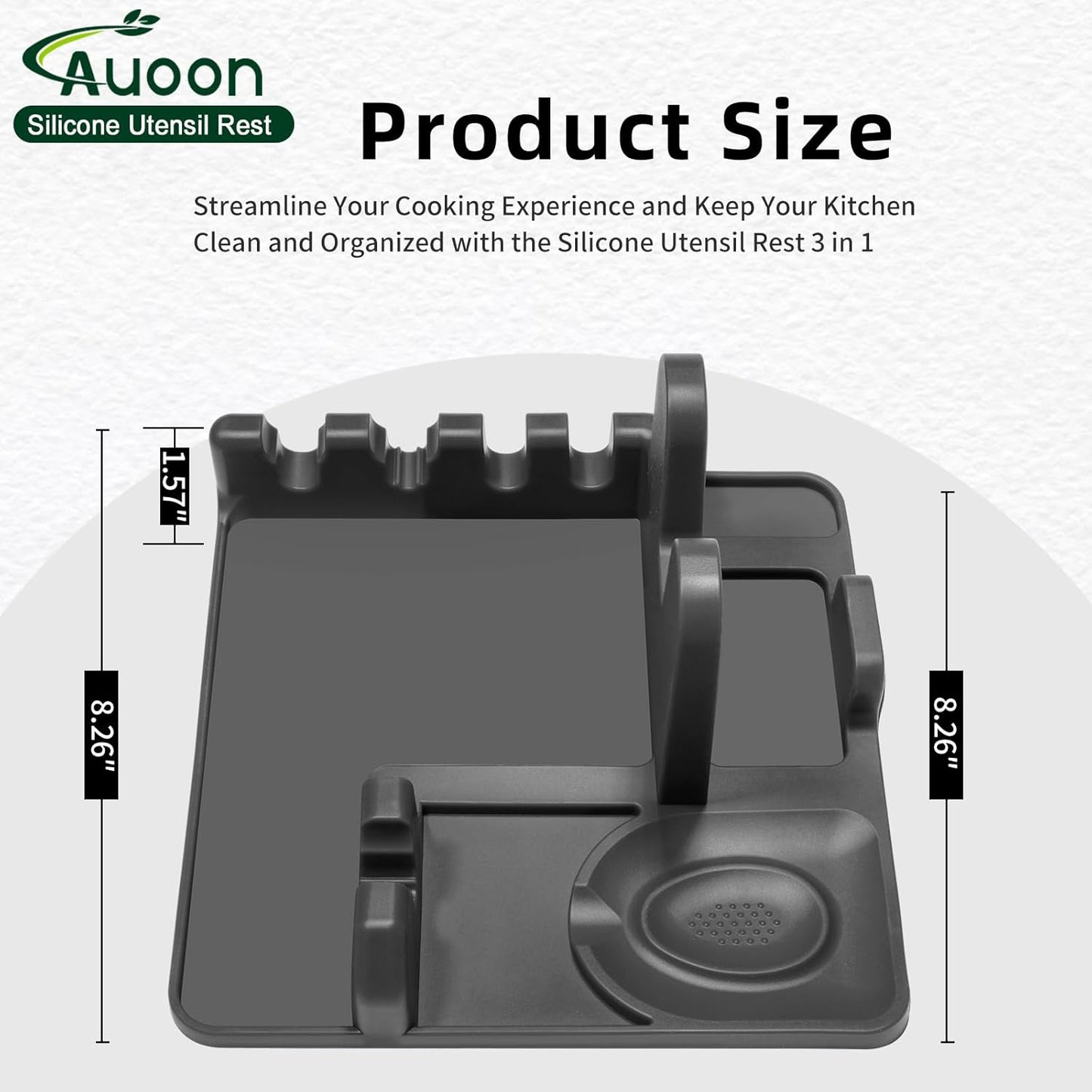 AUOON Spoon Rest for Stove Top - Silicone Utensil Rest with Drip Pad for Kitchen Counter | Practical Kitchen Gadgets for Cooking | Dishwasher Safe (Grey, Large)