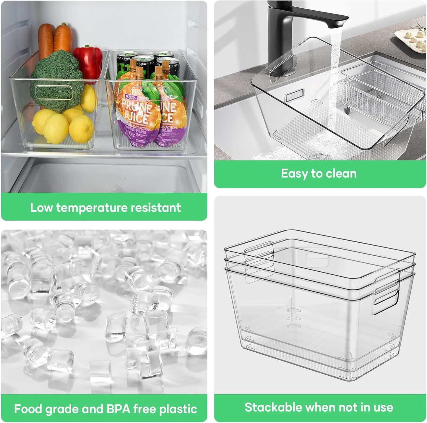 4 Pack Clear Plastic Storage Bins, 11" Large Pantry Organizer Bins with Handles, Plastic Containers for Refrigerator,BPA-Free Perfect for Kitchen,Fridge,Cabinet,Pantry,Bathroom,Closet Organization