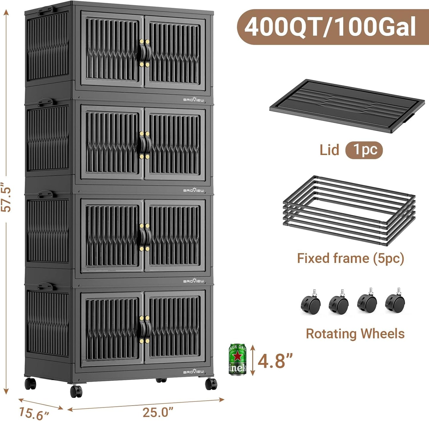 400Qt Stackable Storage Bins with Lid, Extra Large Closet Organizer Collapsible Drawer Boxes with Wheels, Folding Plastic Cabinet Containers for Home Kitchen Room Organization, 4Pack Black