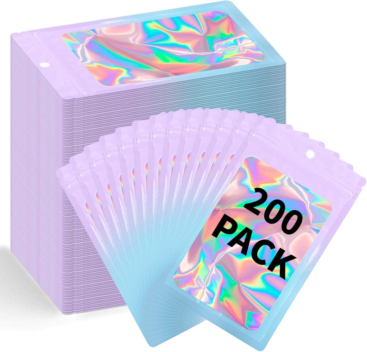 200 Pack Resealable Mylar Holographic Bags Food Storage Smell Proof Bags with Front Window Foil Packaging Pouch for Candy Sample Jewelry Small Business 4.13×5.91 Inch, Pink Fade Blue