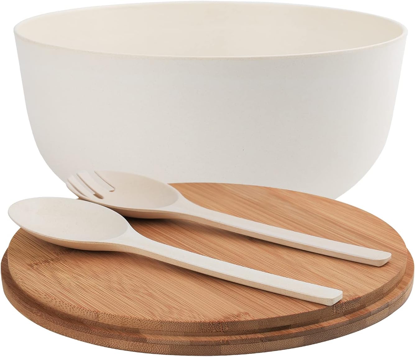 Bamboo Fiber Salad Bowl with Servers Set Large 9.8inches Nature Bamboo Mixing Bowl with Servers with Lid Spoon and Fork for Fruits,Salads and Vegetables
