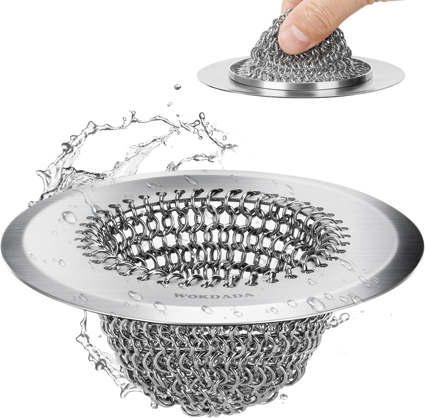 Sink Drain Strainer: Anti-Slip Flexible Chainlink, 304 Stainless Steel. Upgraded Clog-Free Kitchen Version, Easy-Clean Catcher for Garbage Disposal
