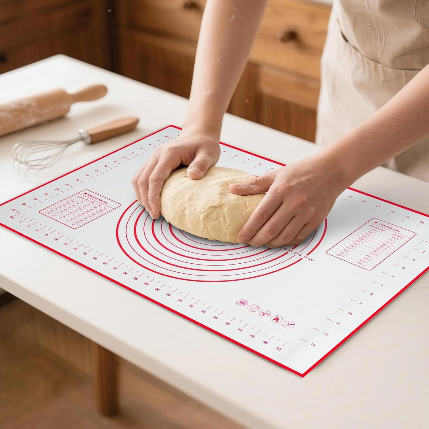 Silicone Baking Mat - Non Stick Pastry Mat Sheet for Dough Rolling, 0.7MM Thick Non-slip Baking Mat With Measurements, Reusable, Easy Clean Silicone Mats for Kitchen Counter (Red)