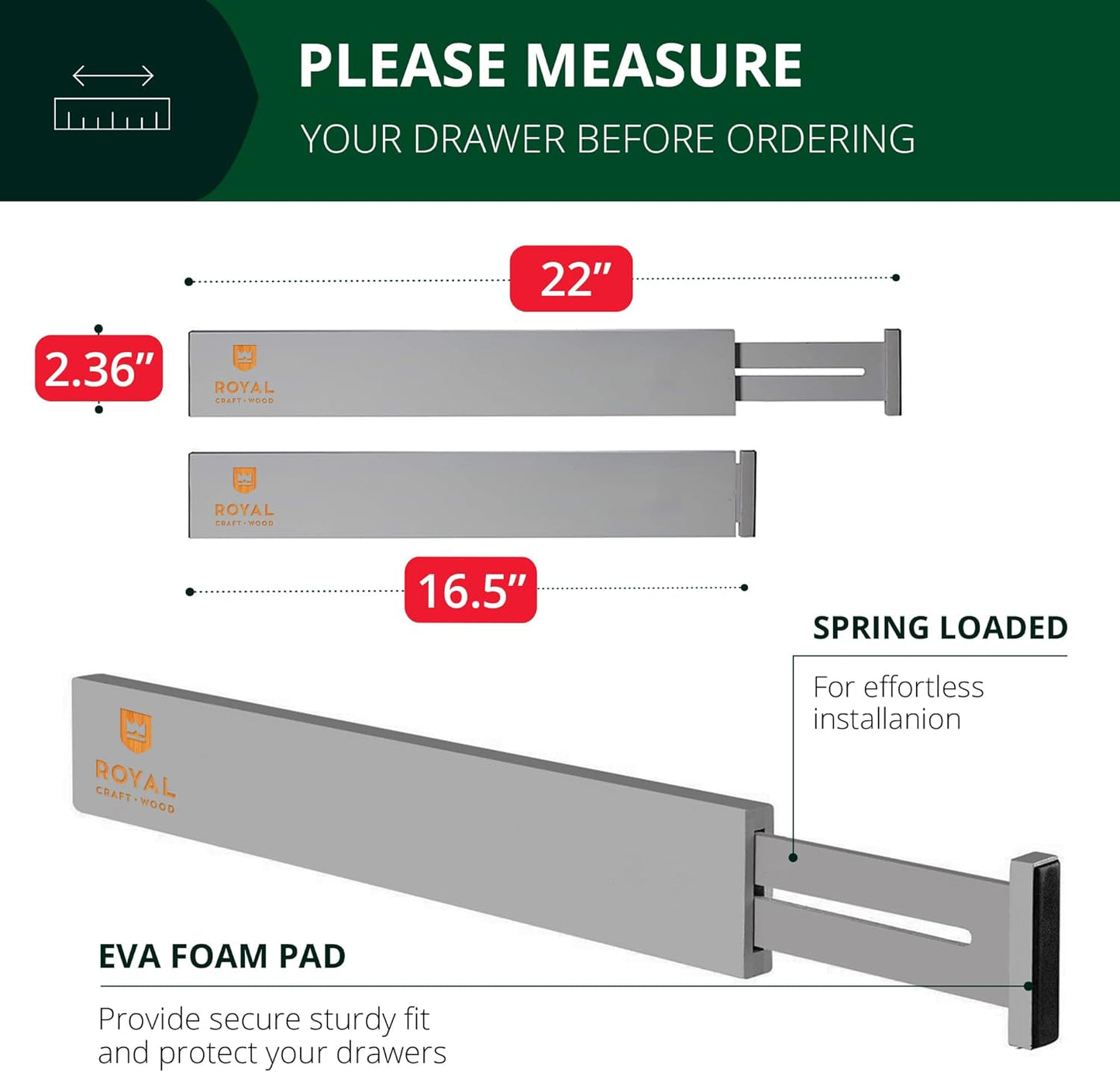 ROYAL CRAFT WOOD Adjustable Bamboo Drawer Dividers Organizers - Expandable Drawer Organization Separators For Kitchen, Dresser, Bedroom, Bathroom and Office, 4-Pack (Large (up to 22")) (Gray)