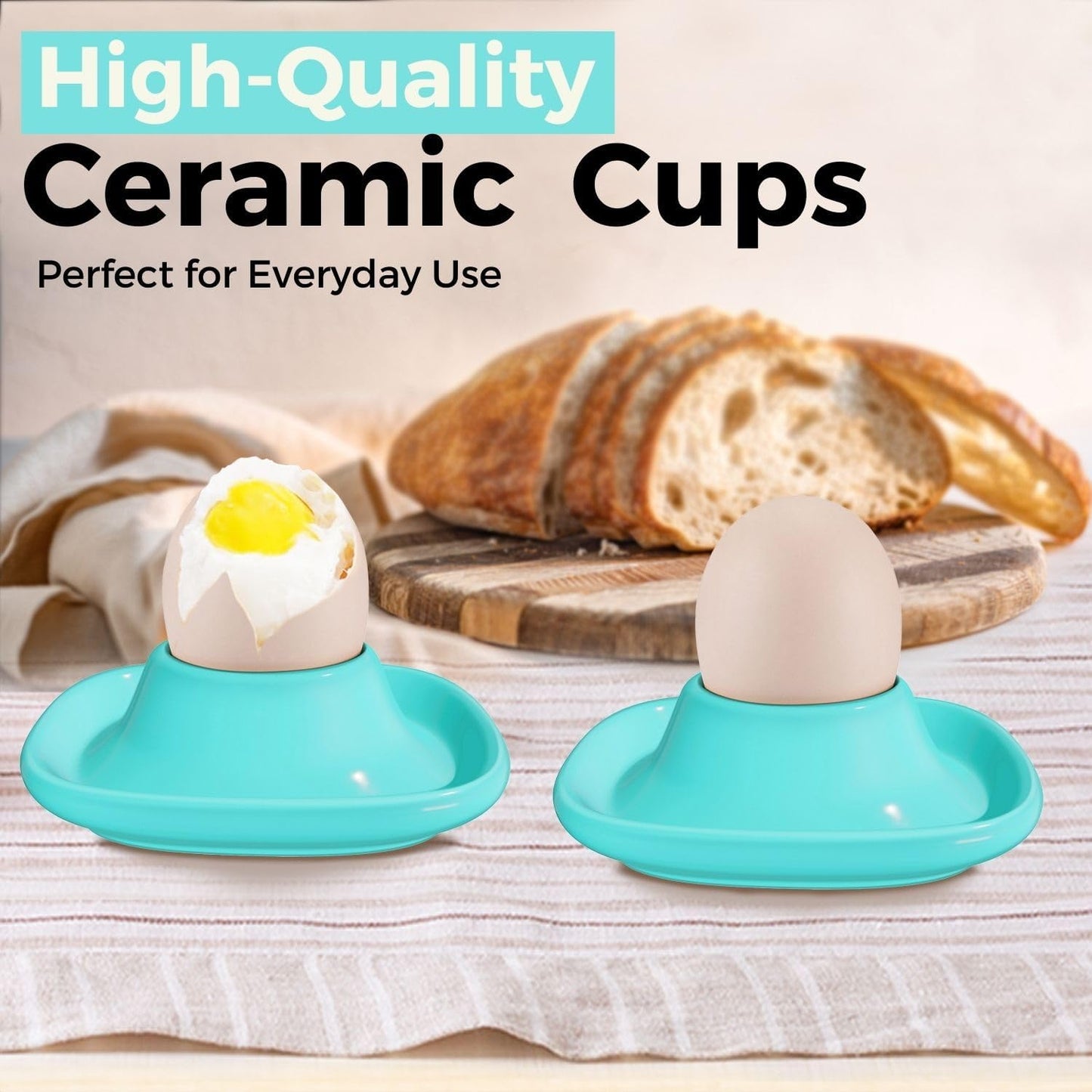 Flexzion Egg Cups for Soft Boiled Eggs - Set of 6 Ceramic Egg Holder - Stackable Egg Coddler Cups with Base for Serving, Breakfast, Brunch - Kitchen Table Decor, Blue