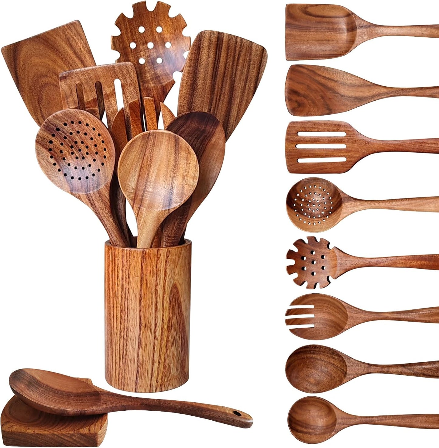 Wooden Spoons for Cooking 10 Pieces Set, Teak Kitchen Utensils Spatula, Wooden Cooking Utensils Spoons, with Spoon Rest, Strainer Spoon, Pasta server, Fried Spatula and Salad Fork, Utensil Holder