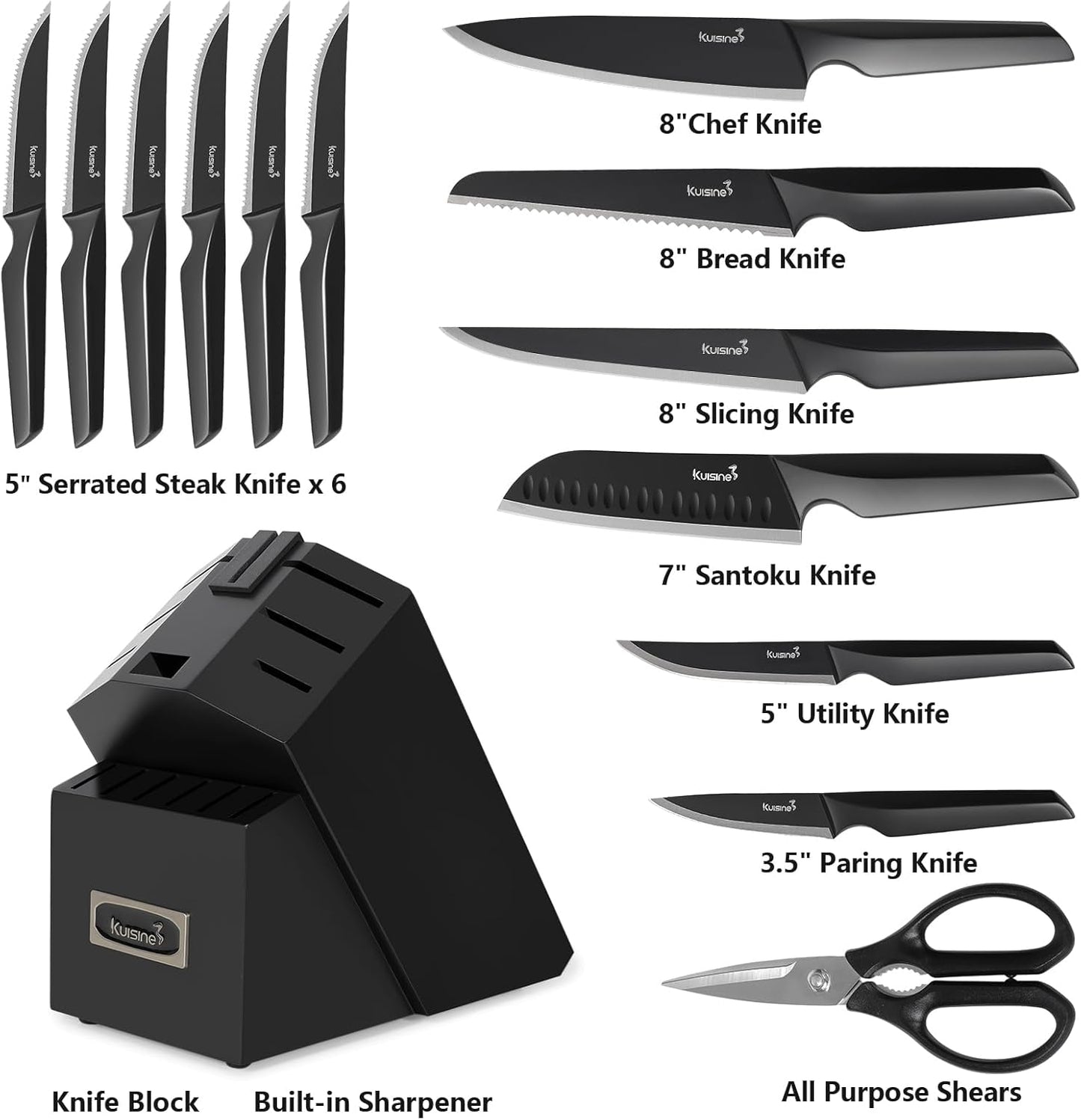 Kuisine Premium Knife Set,One-piece Steel Molding,High Carbon Stainless Steel Ultra Sharp,Non-slip Ergonomic Solid Steel Handle,Built-in Sharpener Knife Block Set,Luxury Gift(15PCS,Black)