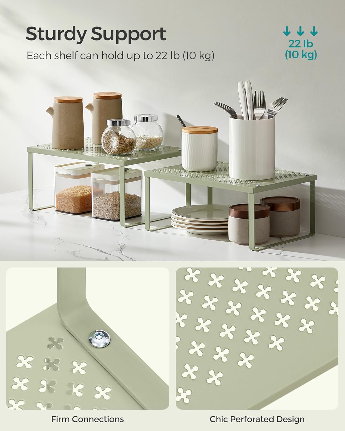 SONGMICS Spice Racks, Set of 2 Metal Cabinet Shelf Organizers, Countertop Organizers, Shelf Risers, Stackable, Expandable, Sage Green UKCS001C01