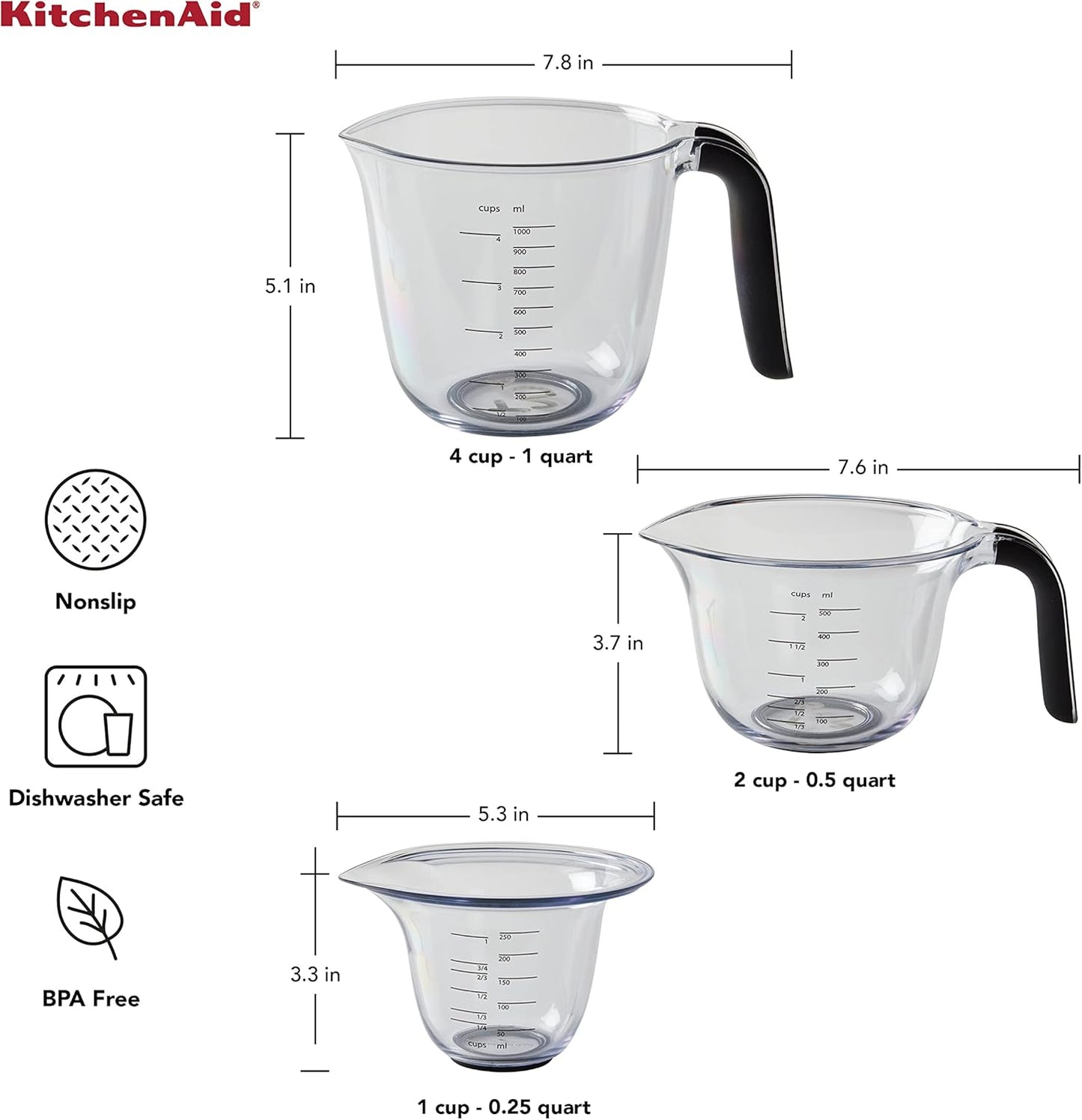 KitchenAid KQ298OSOBA Gourmet Set of 3 Measuring Jugs, Onyx