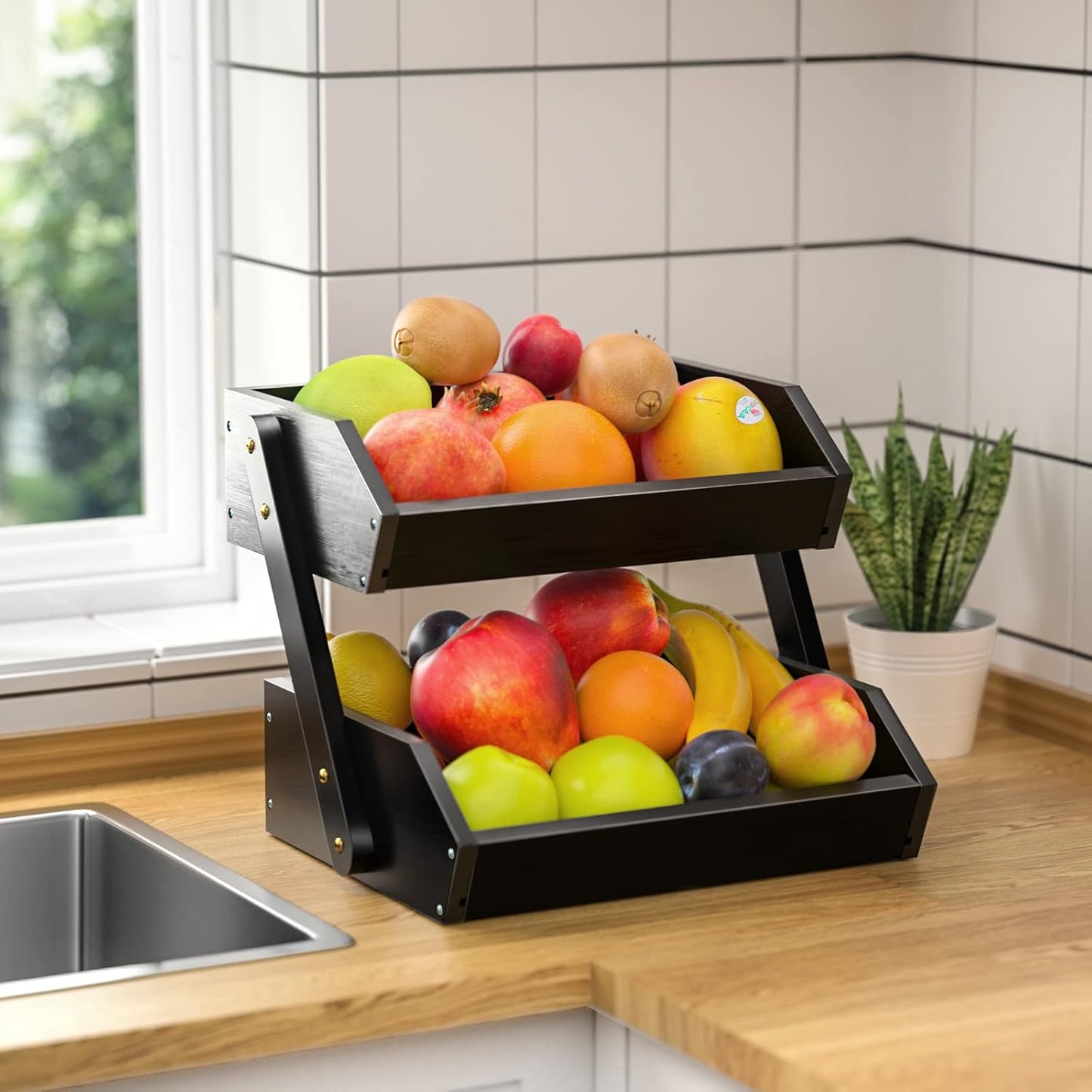 G.a HOMEFAVOR Fruit Basket for Kitchen, 2-Tier Fruit Bowl for Kitchen Counter, Vegetable Storage Stand for Fruit Shop, 15 mm Thickness (BLACK)