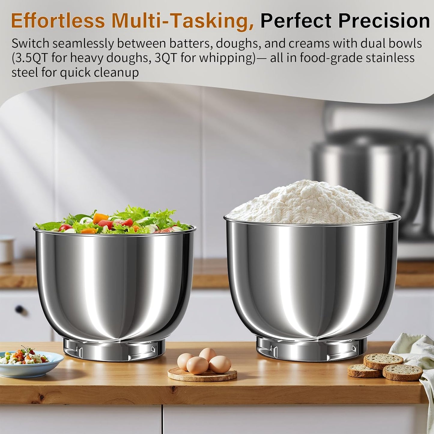 Stand Mixer with 3QT+3.5QT Dual Bowls, 10-Speed Electric 300W Food Mixer - Includes Egg Whisk, Dough Hook & Flat Beater for Home Baking & Daily Cooking (GraySilver)