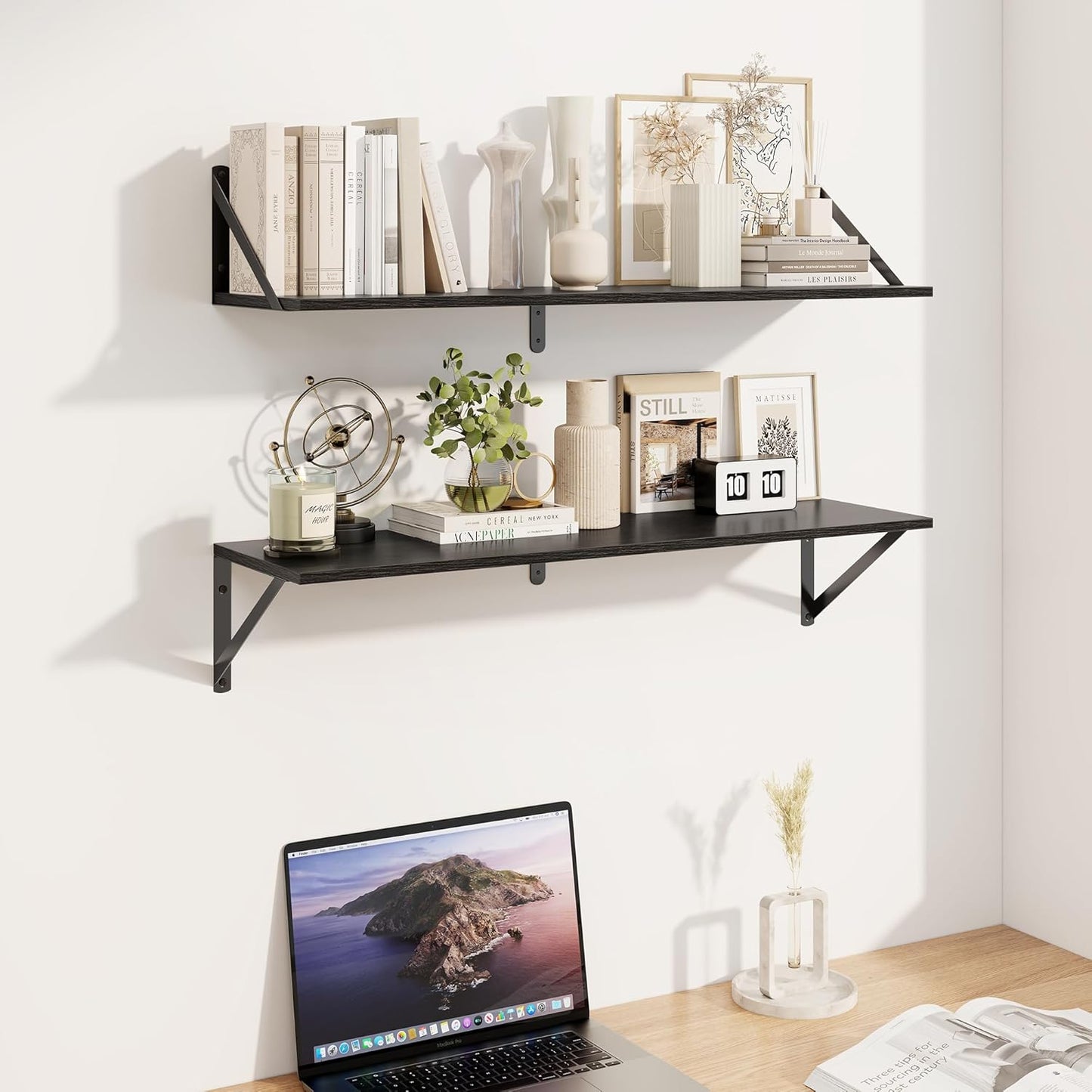 Heimlove Black Deep Floating Shelves for Wall, 32W x 8D Wood Wall Shelves Set of 2, Wide Floating Bookshelf for Living Room, Kitchen, Office, Bedroom and Decor Storage, with Metal Bracket - Black